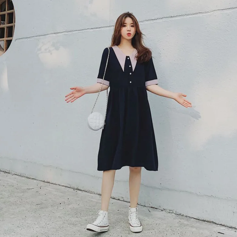

Photo Shoot CHIC Sweet Dark Blue Mid-length Mixed Colors Peter Pan Collar Single Breasted Loose-Fit BF Laziness College Style Dr