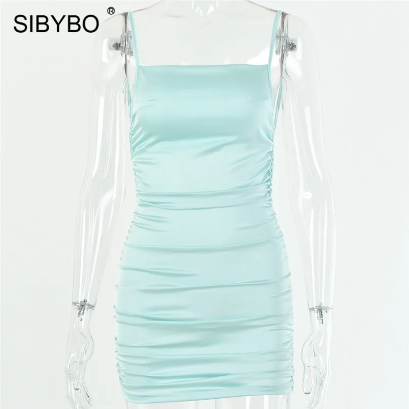 SIBYBO сатиновое мини-платье на тонких бретельках, женское сексуальное облегающее платье без рукавов с открытой спиной, летнее вечернее платье