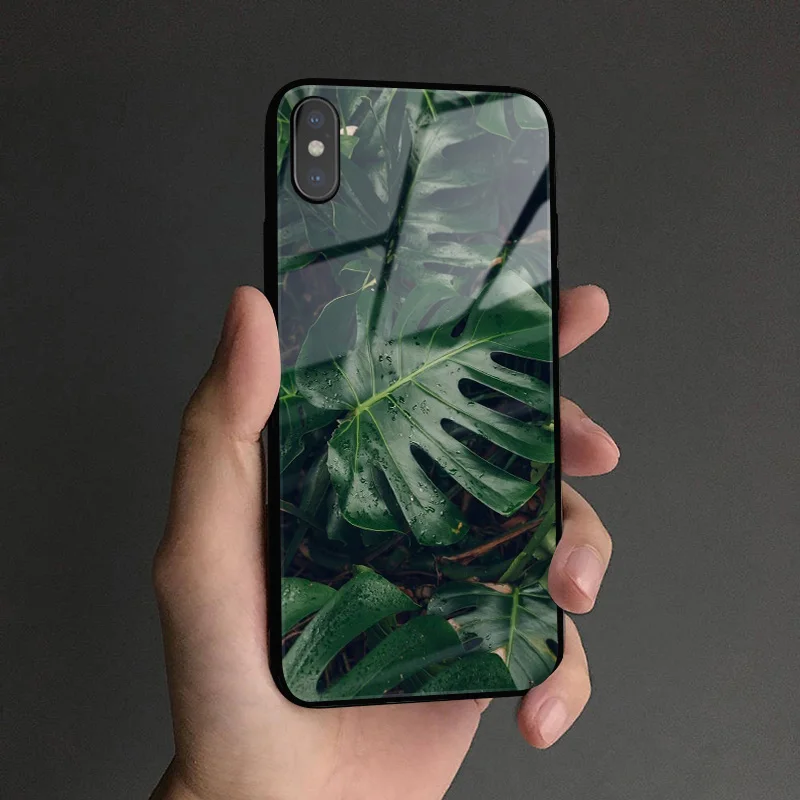 Зеленые тропические Листья Лист закаленное стекло крышка Мягкий силиконовый чехол для телефона оболочка для iPhone 6 6s 7 8 Plus X XR XS 11 pro MAX