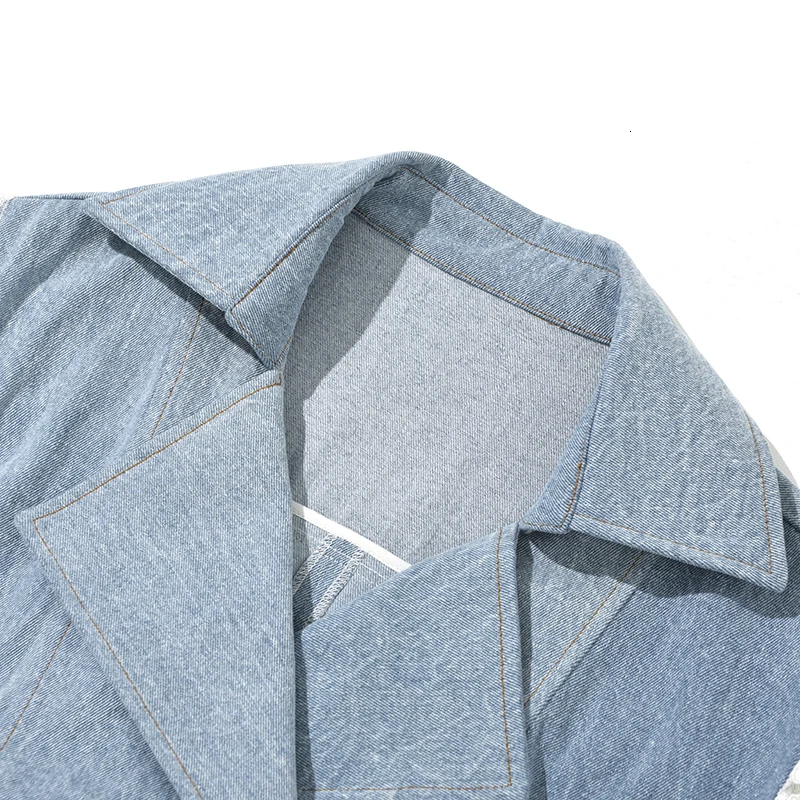 [EAM] Women Blue Lace Split Double Breasted Trench New Lapel Long Sleeve Loose Fit Windbreaker Fashion Autumn Winter 1B0970