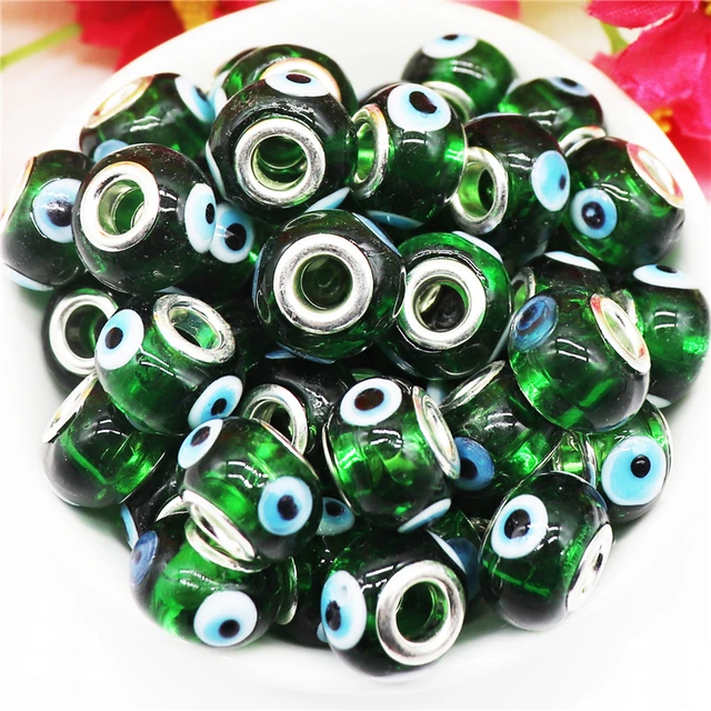Handmade Large Hole Lampwork Beads, Glass Charm Set, Green