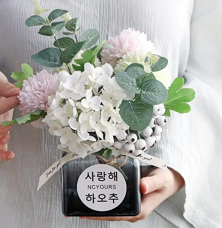 

Modern Glass Vase+Artificial Flower Set Decor Home Office Desktop Furnishing Decoration Crafts Livingroom Silk Fake Flower Pot