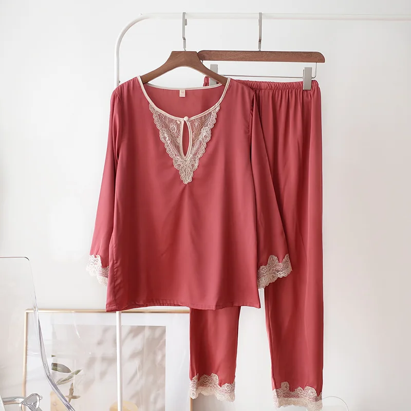 

New Pajamas Women Spring And Summer Silk Thin Section Loose Lace Long-Sleeved Trousers Two-Piece Suit Home Service