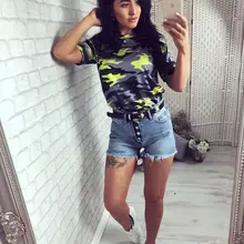  Hot sale camouflage print o-neck short sleeve t-shirt tops high quality streetwear women tide tees 5360 