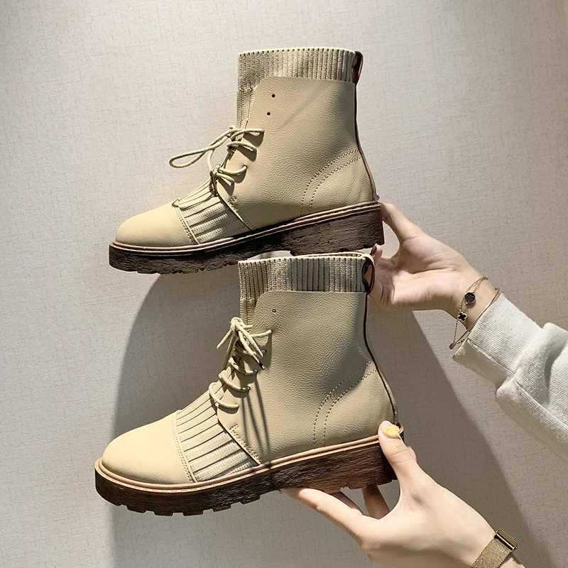Г. bottines pour les femmes, вязаные осенне-зимние женские ботинки на шнуровке Нескользящие ботильоны для женщин с круглым носком на шнуровке