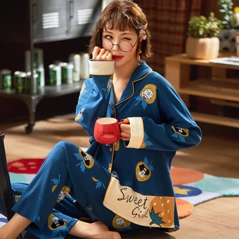 

Cartoon Spring sleepwear Cardigan Long Sleeve set Pajamas Lady Cute Homewear Lapel Set nightgowns Pajamas