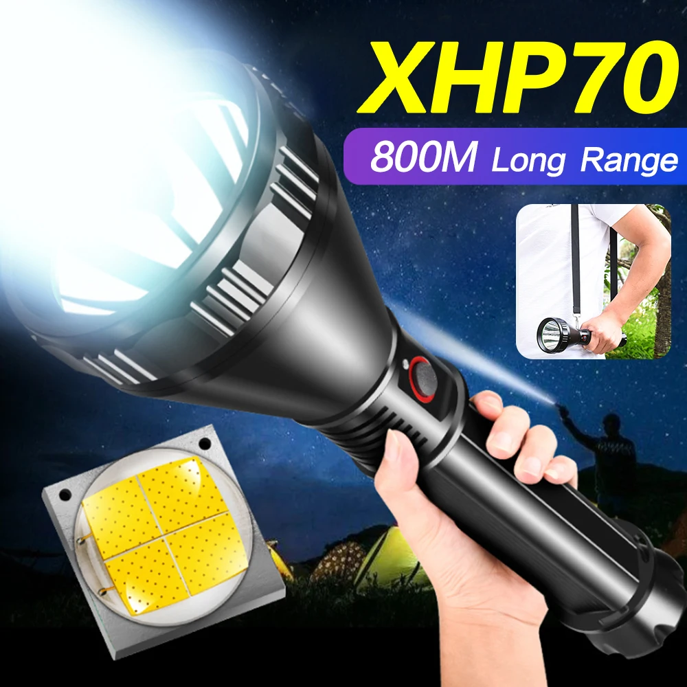 

Wide-angle Long-range flashlight Rechargeable XHP70.2 LED torch Waterproof lantern uses 26650 battery for camping adventure