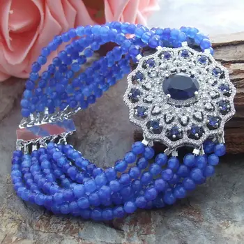 

8" 8 Strands Faceted Blue Jade Bracelet CZ Connector