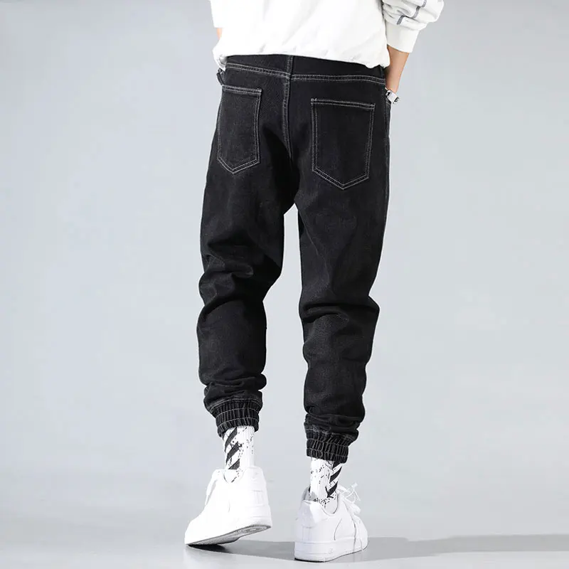 Promotion Japanese Fashion Men Jeans Black Loose Fit Stripe Spliced Designer Cargo Pants Harem Jeans Streetwear Hip Hop Jeans Men Joggers