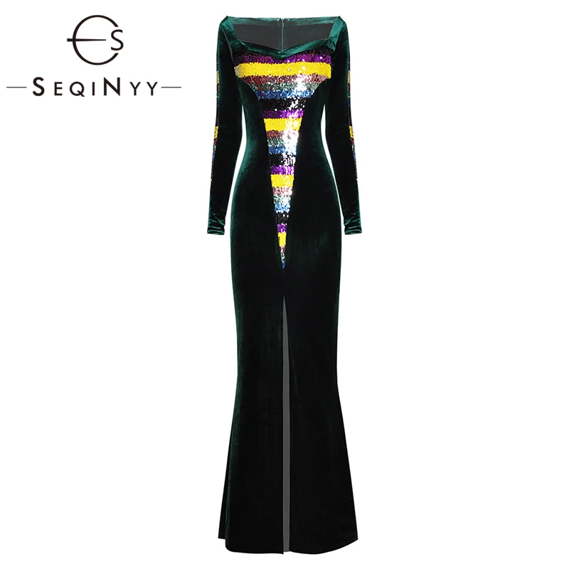 

SEQINYY Elegant Long Dress 2020 Spring Autumn New Fashion Design Women Long Sleeve Colorful Sequins Velvet Dress