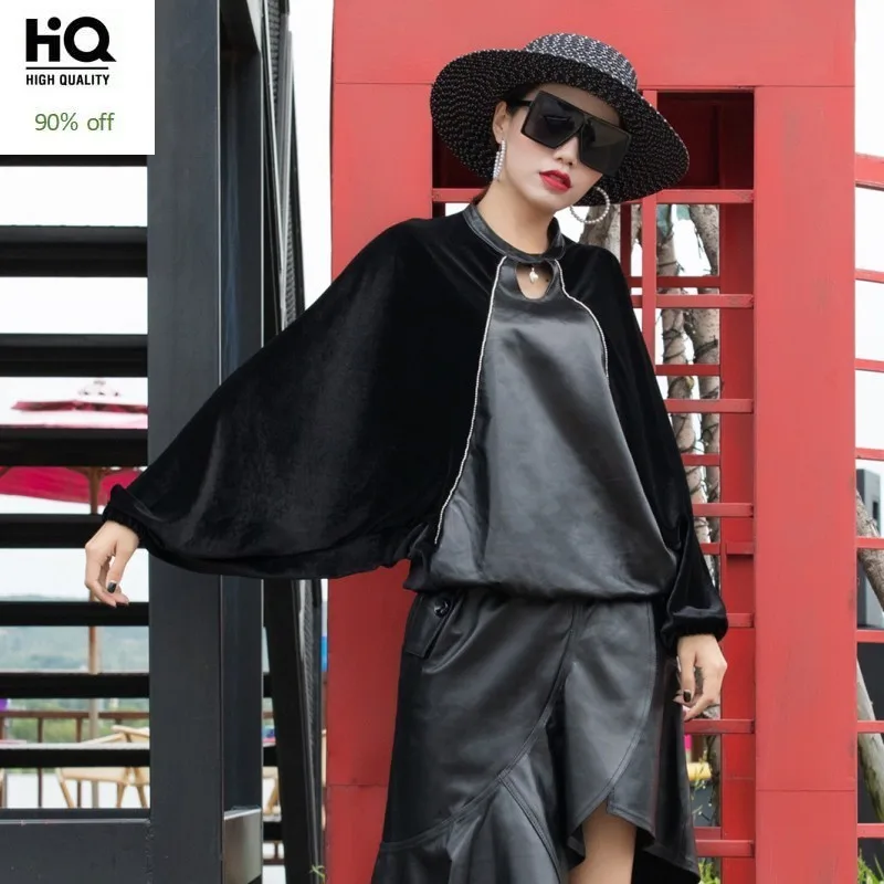 

Autumn New Fashion Women Sheepskin Real Leather Jacket Pullover Batwing Sleeve Patchwork Tops Loose Fit Stand Collar Outwear 3XL