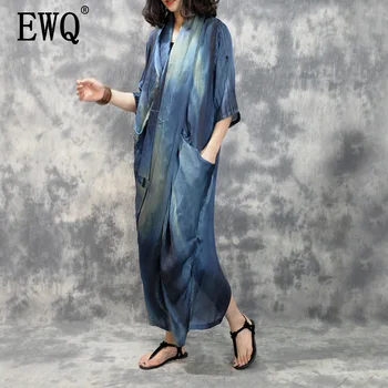 

[EWQ] 2020 Summer New Cross V Collar Irregular Blue Print Pocket Female's Half Sleeve Loose Big Size Long Dress Vestido YE719