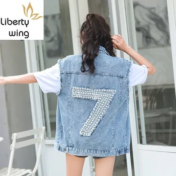 

Korean Loose Sleeveless Embroidered Flares Letter Womens Denim Vest Single Breasted Ripped Casual Streetwear Female Waistcoats