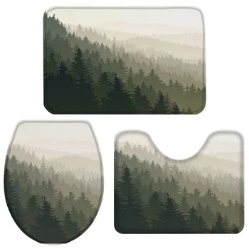 

3 Pieces Bathroom Set Retro Forest Mist Bath Set Toilet Cover Mat Pedestal Rug Non-Slip Bathroom Rug Set
