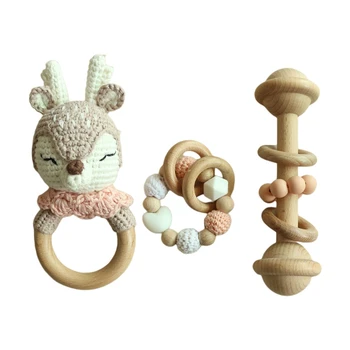 

3 Pcs/Set Baby Teething Bracelets Crochet Elk Soother Wooden Rattle Teether Toys P31B