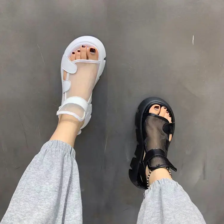 Sandals Women Summer Thick-bottomed Breathable Eugene Yarn Mesh Magic Paste Roman Sandals Hook & Loop AD1255 Women Sandals