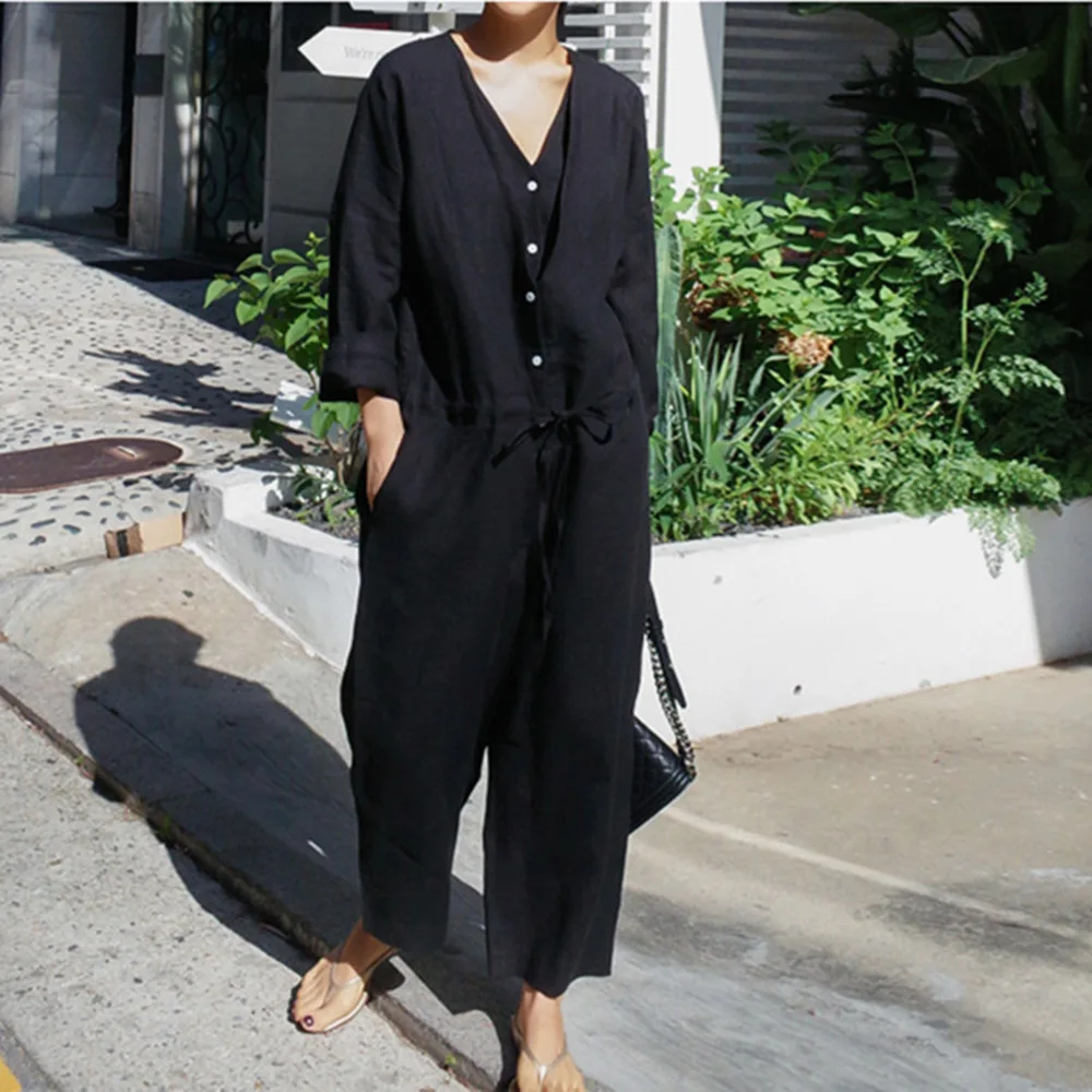 Spring Linen Jumpsuit Women Long Sleeve Solid Color Korean Fashion Sashes Causal Loose Rompers Autumn Playsuits Minimalist |