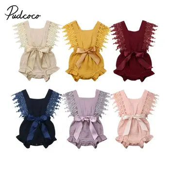 

2020 New 0-24M Newborn Toddler Girl Clothes Summer Ruffle Bodysuit Short Sleeve Lace Linen Cotton Jumpsuit Bow Bodysuit Clothing