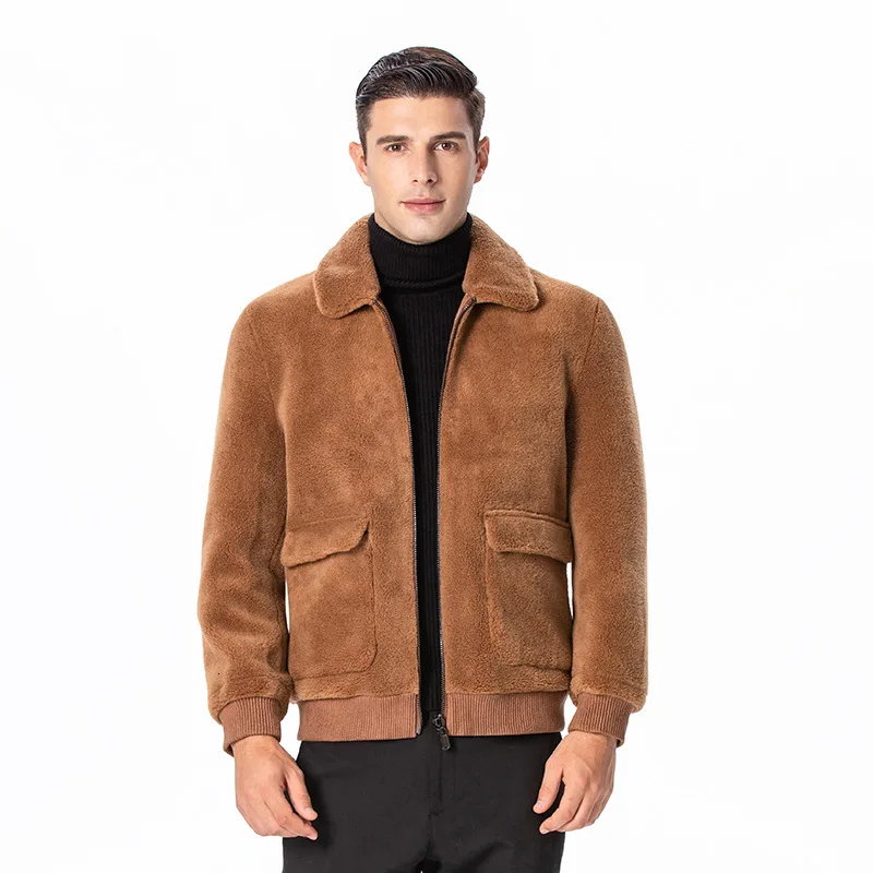 

Man Short Fund Chamois Down Lamb Fur Mao Yiti Grain Down Loose Coat Two-sided Clothes Pu Overcoat Loose Coat Male