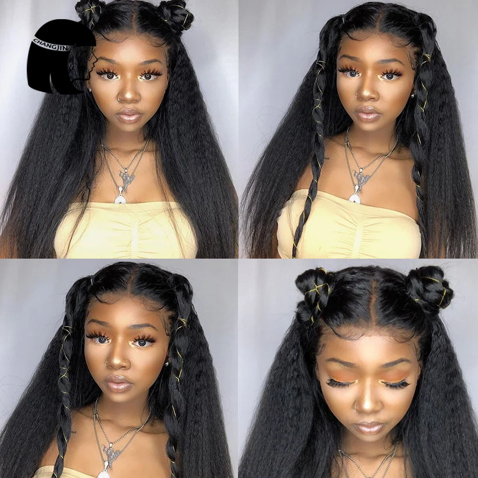 Chang Jin Natural Color Yaki Straight V Part Lace Wigs Pre Plucked Remy Hair Lace Human Hair Wigs Black Color For Women