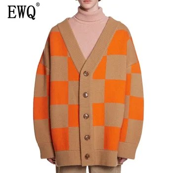 

EWQ 2020 Spring New Fashion Cardigans Geometric Pattern V-neck Knitted Full Sleeve Casual Style Women Sweater UA30104