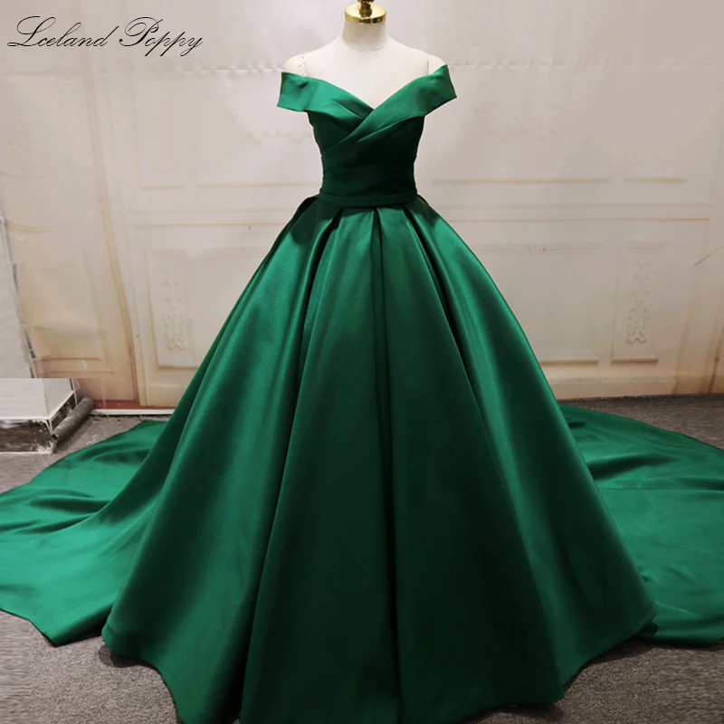 Lceland Poppy A-Line с открытыми плечами атласные вечерние платья без рукавов длиной до пола Robe de Soiree плиссированные вечерние платья - Цвет: Зеленый