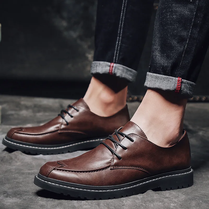 

Men Casual Natural Leather Brand Men's Dress Shoes British Style Business Flat Shoes Breathable Office Wedding Comfy Men Schoes