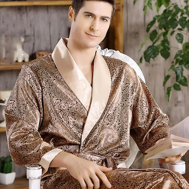 Men's Robe Nightgown Satin Kimono Bathrobe Gown Casual Sleepwear Plus Size Print Gold Home Dressing Gown 3XL 4XL 5XL mens plaid pajama pants Men's Sleep & Lounge