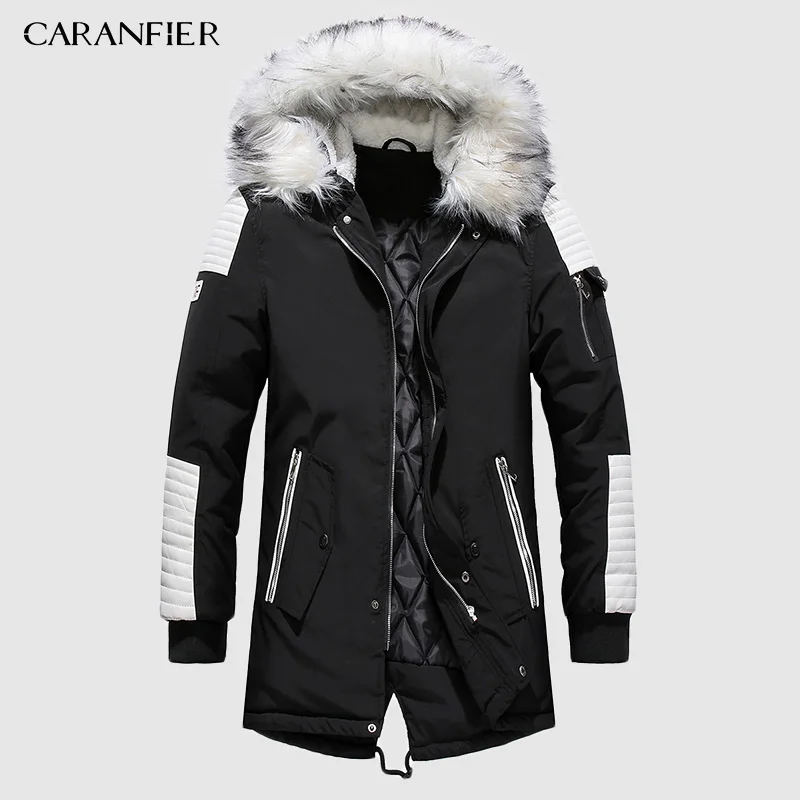 CARANFIER, брендовые новые зимние мужские парки, плотные теплые парки, Повседневная Длинная Верхняя одежда, куртки с капюшоном и воротником, пальто для мужчин, veste - Цвет: Черный