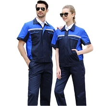 Летний комбинезон с короткими рукавами для мужчин и женщин, сшитый многослотовый комплект для ремонта автомобиля размера плюс, куртка+ штаны, костюм, 6 цветов