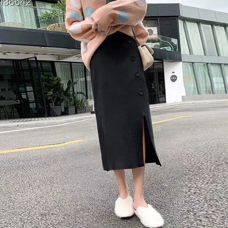 Spring Autumn Knitted Hip Skirt Split Slim Solid Color High Waist Mid-calf Female Korean Style Preppy Skirts - Цвет: B