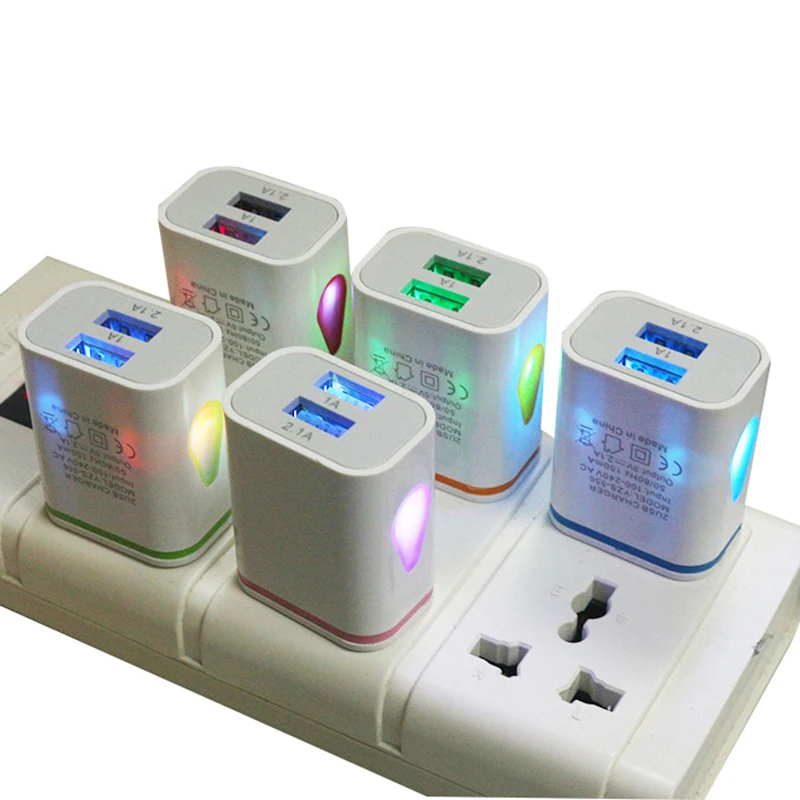 

1PC Multi-colorful Power AC/DC Adapters 2 USB Port LED Light-emitting Charger 2.1A 5V Travel USB Charger For Phone Pad