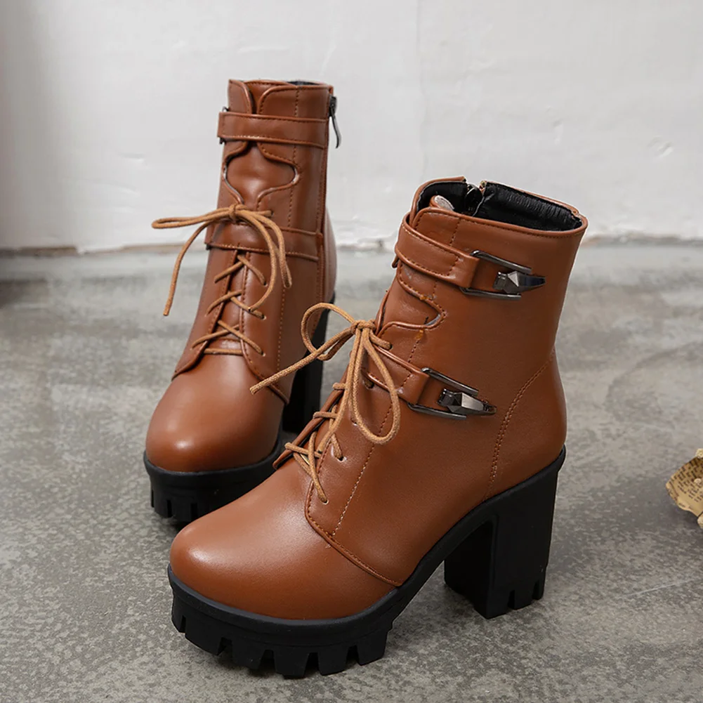 BONJOMARISA/Новинка; большие размеры 34-43; Бежевые ботинки на шнуровке; женские ботильоны на платформе; женская зимняя обувь на высоком каблуке года