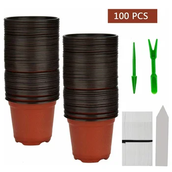 

100pieces Of 4" Plastic Plant Pot Seedling Tray And Planting Label Garden Tool 2 Pcs Mini Transplanting Digging Tools Planting