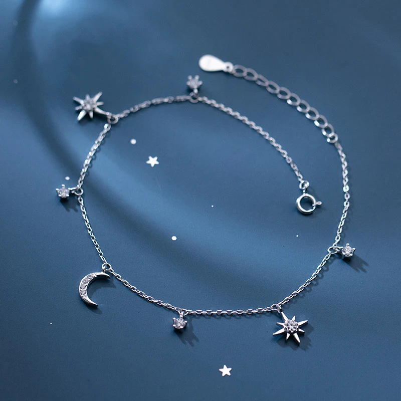 Tobillera de Estrella de David Luna para mujer, pulsera de adorno la cadena de la pierna, joyería de plata de ley 925, tobilleras para de 21CM|Pulsera de tobillo| -