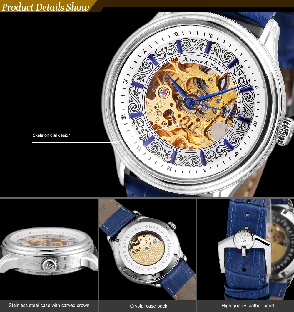 KS Royal мужские часы Топ бренд класса люкс полые Horloge само ветер часы синий кожаный ремешок платье наручные механические часы/KS387