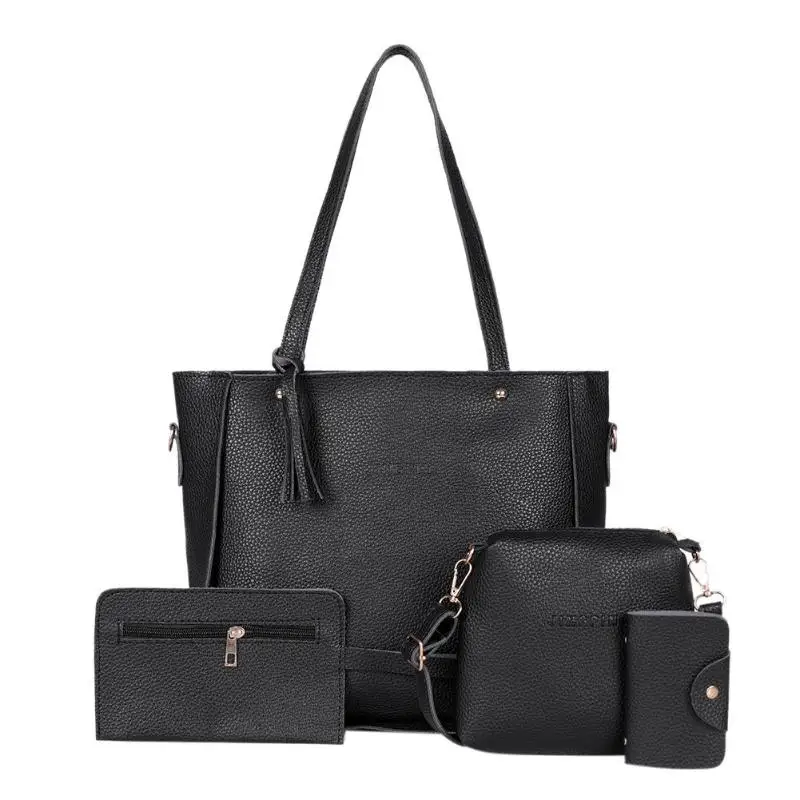 4pcs/set Solid Color Litchi Pattern Tassel Composite Bags PU Leather Women Shoulder Crossbody Handbags Clutch Card Holder Totes - Цвет: Черный