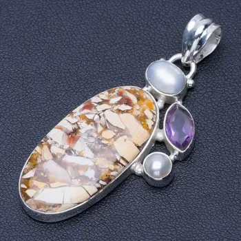 

Natural Brecciated Mookaite,River Pearl and Amethyst 925 Sterling Silver Pendant 2" Q0842