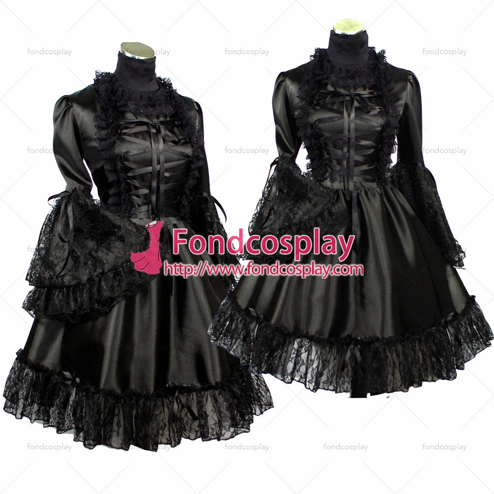 fondcosplay Gothic Lolita Punk Black Satin Sissy Maid Dress Cosplay Costume Tailor-made[G402] |