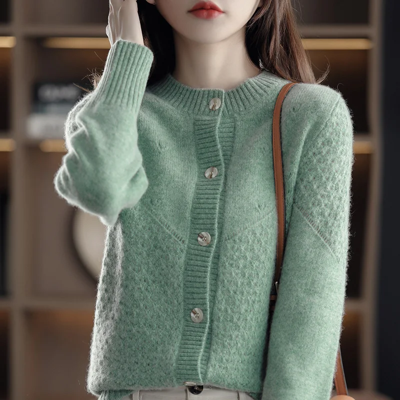 

100% Wool Sweater Ladies 2021 New Single Row Buttons Slim Solid Color Sweater Cardigan Top Women