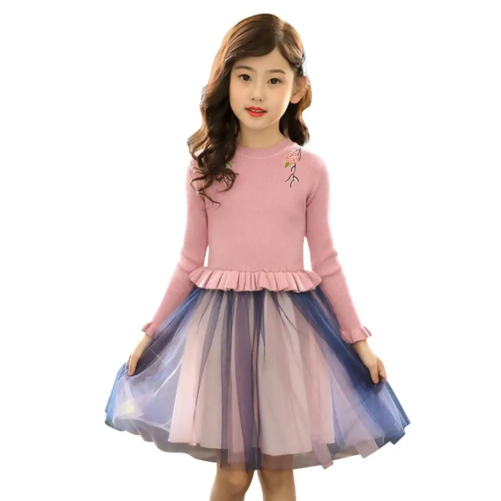 

Girls Autumn Sweater Dress Embroidered Princess Dress Long-Sleeved Children's Knitted Sweater Lace Ruffle Mesh Dress