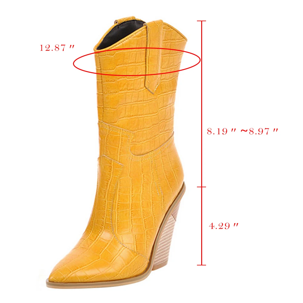 WENYUJH/ковбойские сапоги в западном стиле; женские сапоги до середины икры; Цвет черный, желтый, белый; зимние сапоги с острым носком; ковбойские полусапожки; женская обувь