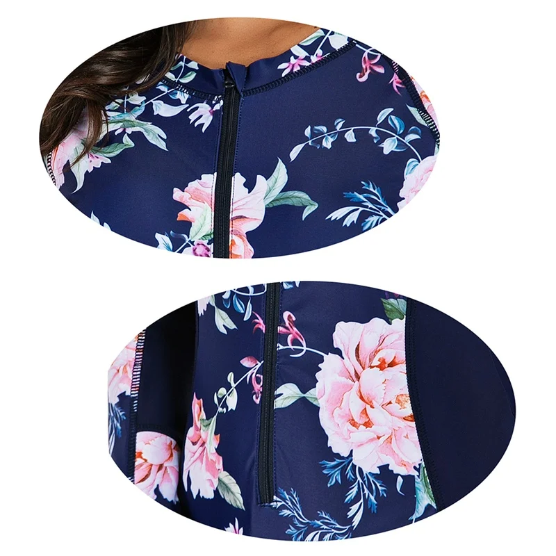 Women Rash Guard Adult One-Piece Long Sleeve Floral Patchwork Zipper Quick Drying Waterproof Swimsuit Hot Spring Diving Surfing