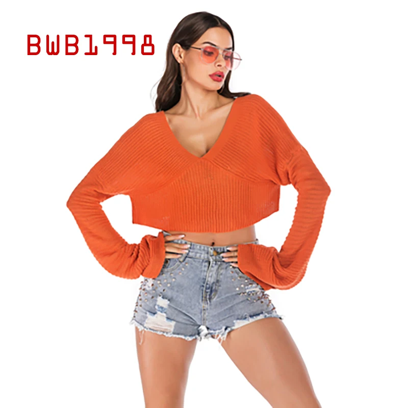 

Oversized Sweater Knitting Long Sleeves Sweaters Pure Color Bat Sleeve Lazy Short V-neck Sweaters for Women Loose Autumn 2020