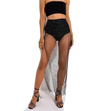 ^#Cheap Shiny Crystal Rhinestones Fishnet Sexy long Skirt Women Party Club Split Skirts Mesh Hollow Out Transparent Night club Skirt ^#Cheap Shiny Crystal Rhinestones Fishnet Sexy long Skirt Women Party Club Split Skirts Mesh Hollow Out Transparent Night club Skirt