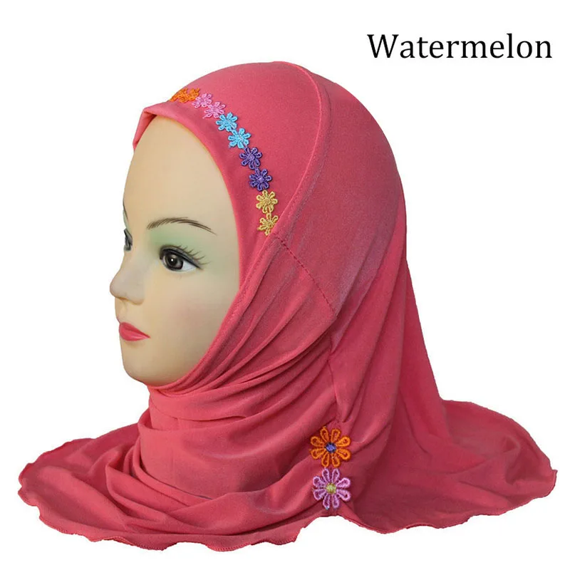 Модные аксессуары для девочек; мусульманский хиджаб шарф в арабском стиле; шали с красивыми цветами для девочек 3-8 лет - Цвет: Арбузно-красный