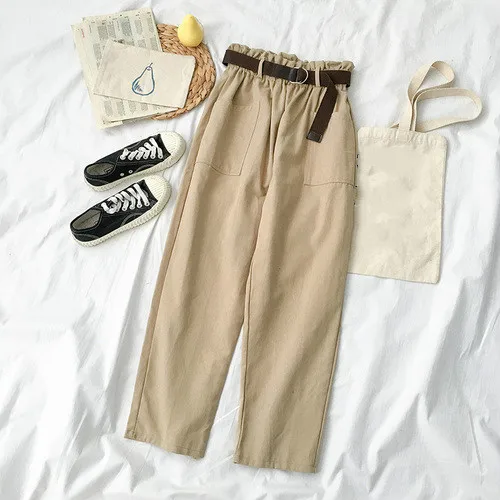 khaki pants Neploe, весна, осень, широкие брюки, женские, повседневные, высокая талия, свободные, корейский стиль, панталоны, женские брюки с поясом, 39028 - Цвет: khaki pants