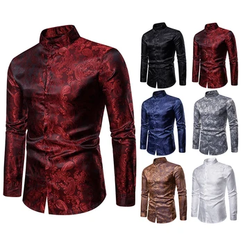 

2019 Shirt Men Chinese Luxury Floral Printed Long-Sleeved Shirt Red Men's Casual Shirts Autumn Tops Men Camisas Hombre