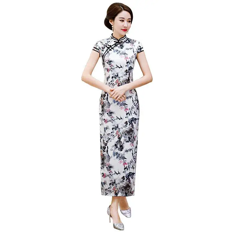 Китайские классические платья для женщин элегантные негабаритных Cheongsam Мандарин Воротник Тонкий Vestidos M-4XL лето цветочный принт Qipao - Цвет: Белый