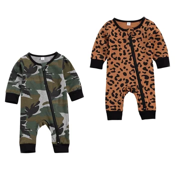 

FOCUSNORM 0-18M Autumn Newborn Baby Girls Boys Rompers Leopard/Camouflage Print Long Sleeve Zipper Jumpsuits